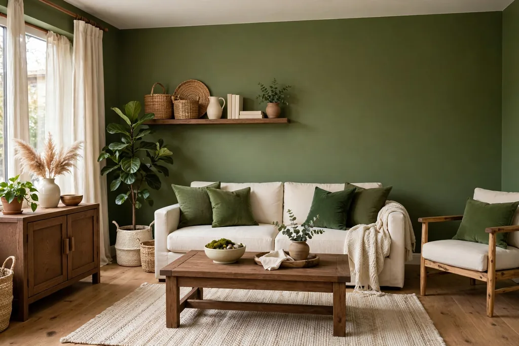 Living room in moss green, peat brown, and cream.