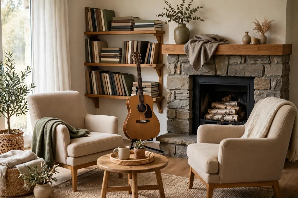 Music corner with a guitar on a stand and two chairs.
