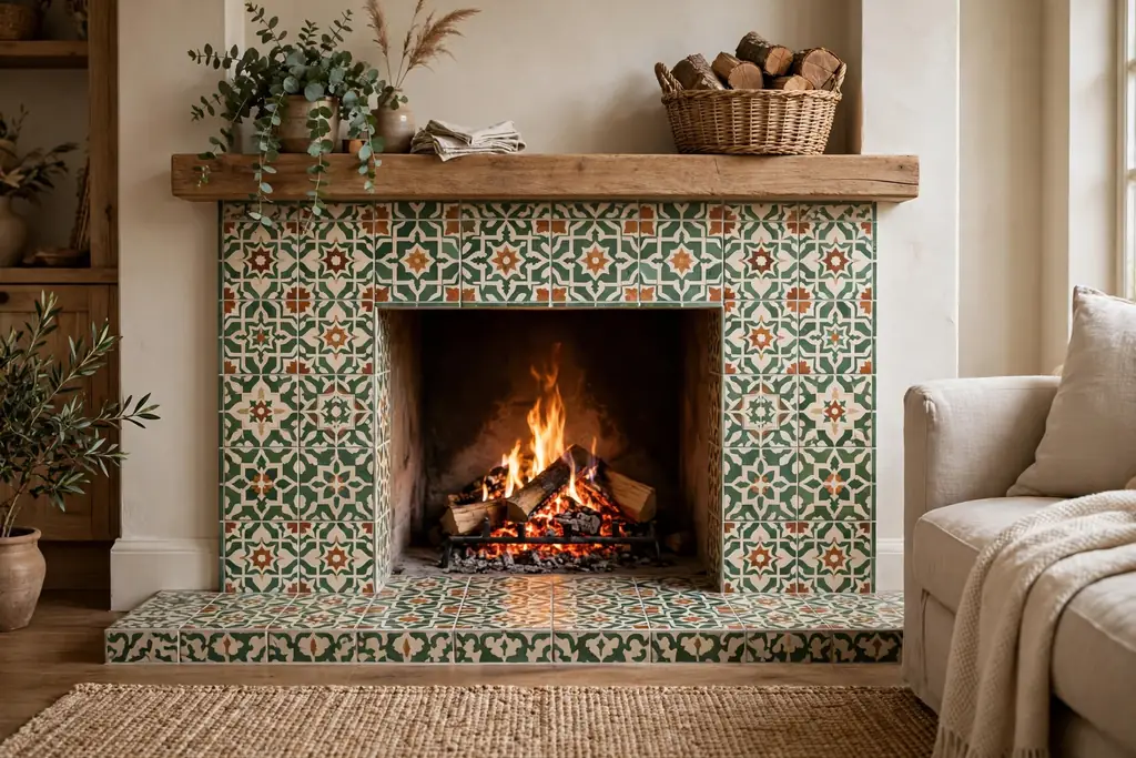 Fireplace hearth with patterned tiles in green, cream, and rust.