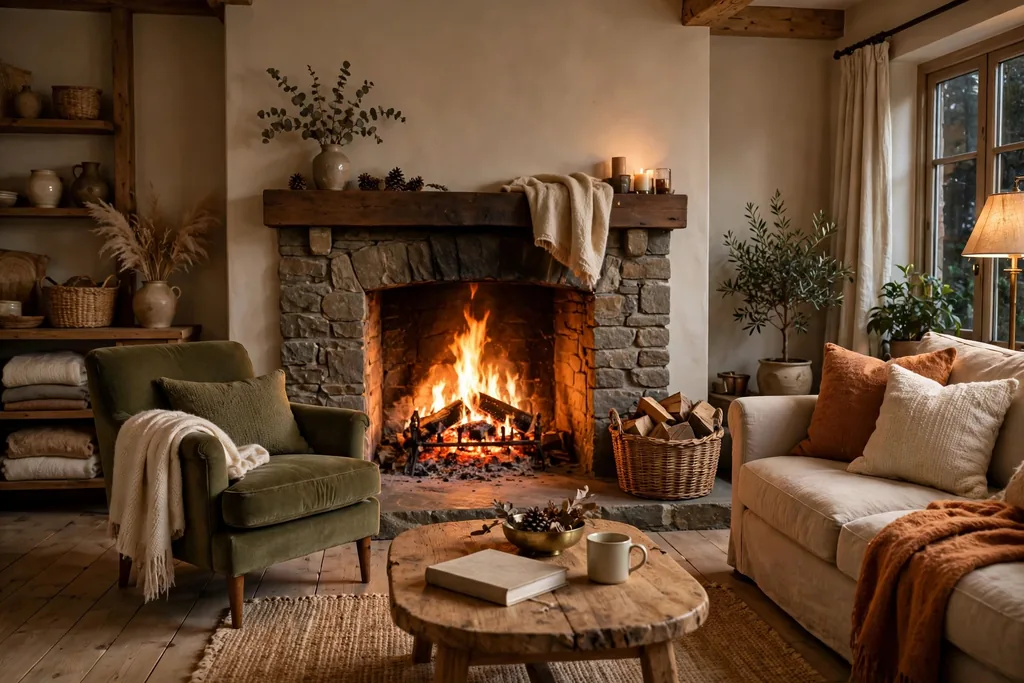 Living room fireplace with a lit fire and seating arranged around it.
