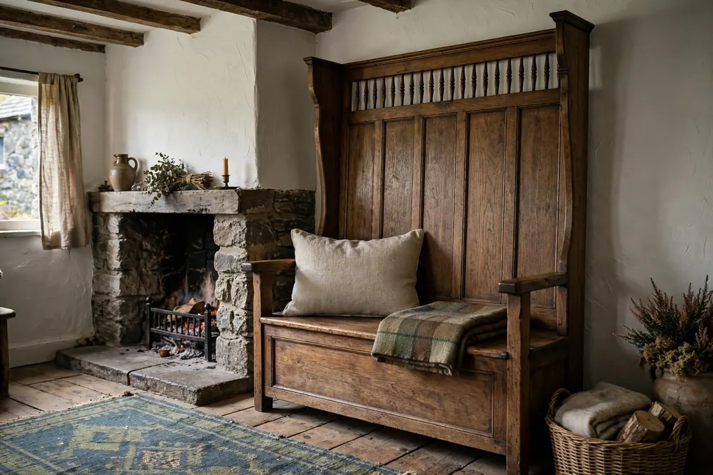 Tall backed wooden settle bench beside a fireplace.