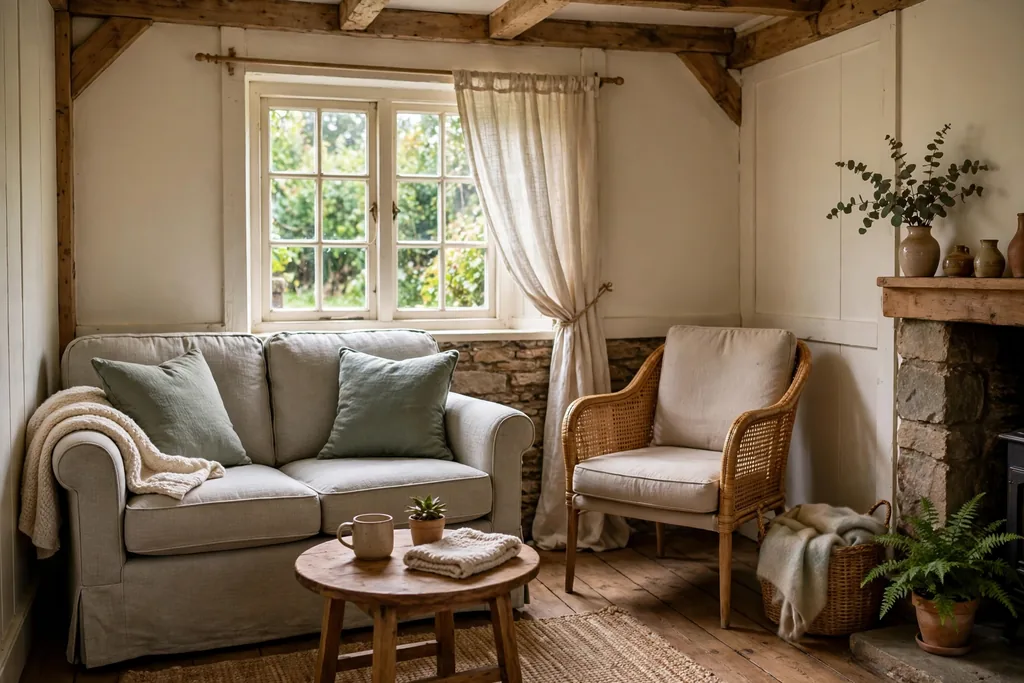 Small cottage living room with a two seat sofa and a round table.