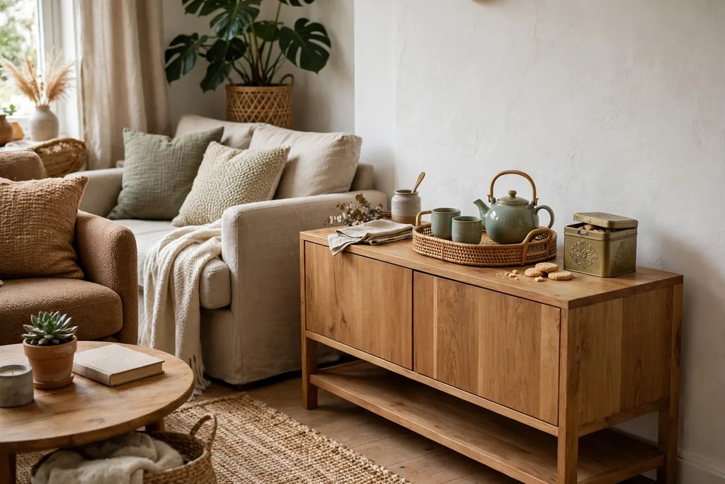 Low sideboard with a tea tray, teapot, and cups.