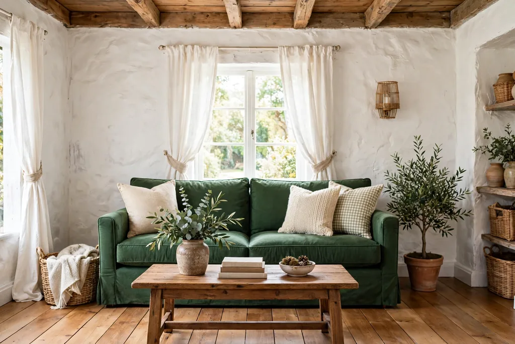 Living room with whitewashed walls and warm wood floors.