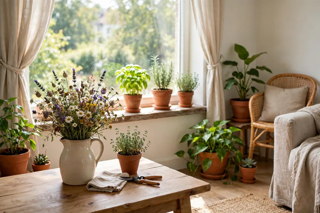 Living room with a jug of wildflowers and houseplants.