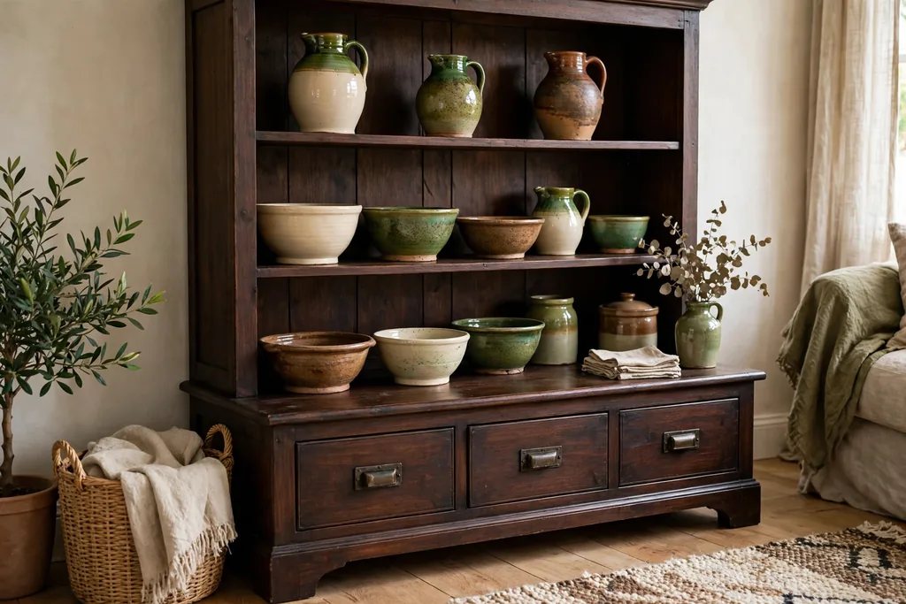 Dark wood dresser with shelves of Irish pottery and bowls.