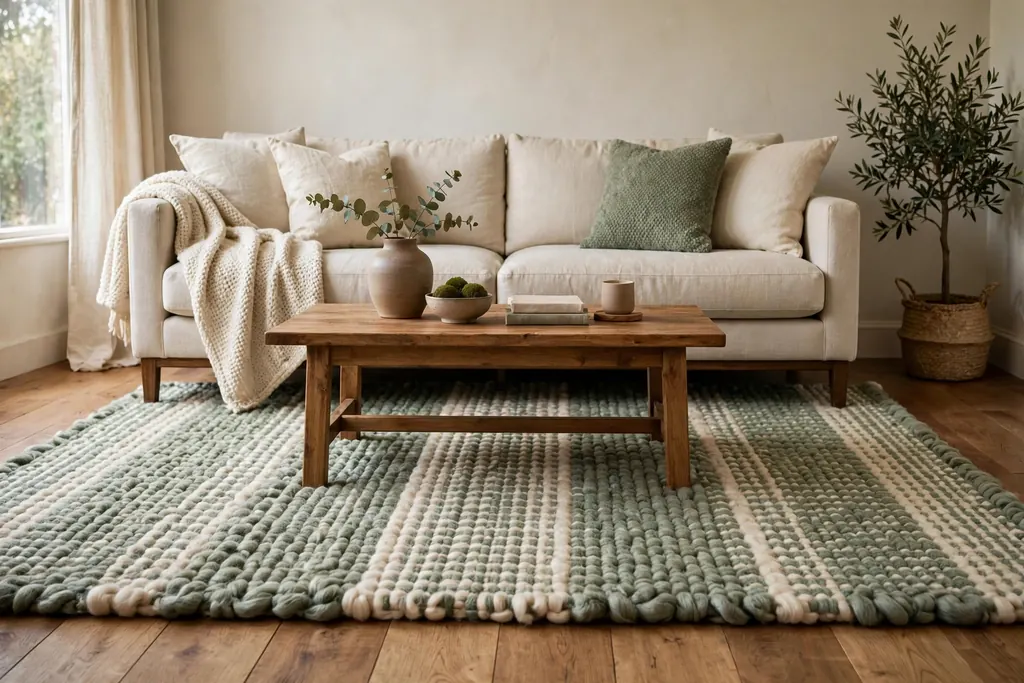 Thick wool rug in muted green and cream over a wood floor.