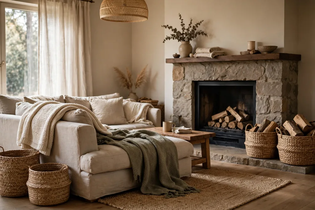 Living room with woven baskets beside a sofa and fireplace.