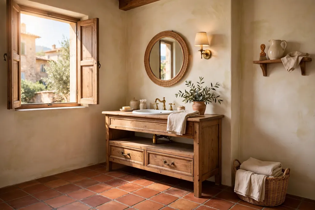 Terracotta floor tiles in an Italian bathroom with cream walls and a wooden vanity.