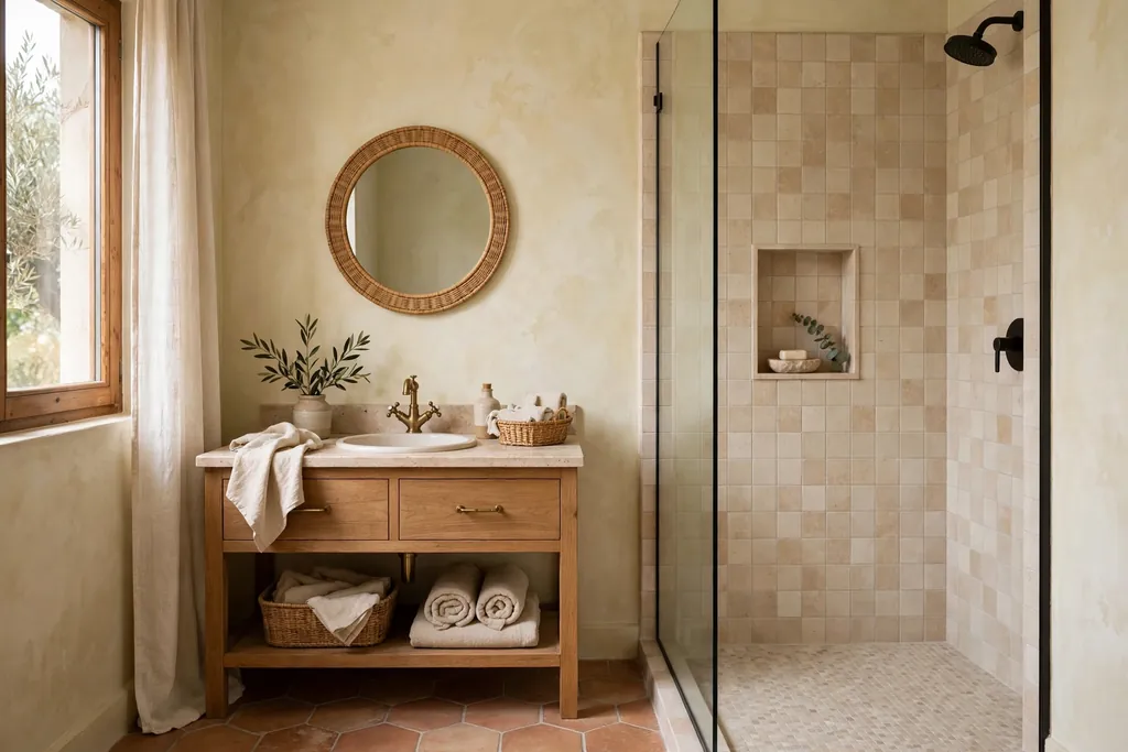 Cream limewash walls in a calm Italian bathroom with tiled shower area.