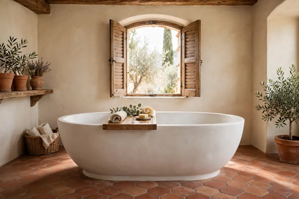 Freestanding oval tub in a warm Italian bathroom with a wooden bath tray.