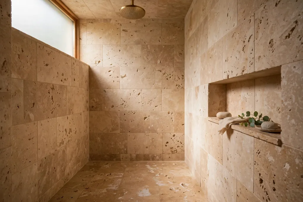 Walk-in shower lined in travertine stone with a rainfall showerhead.
