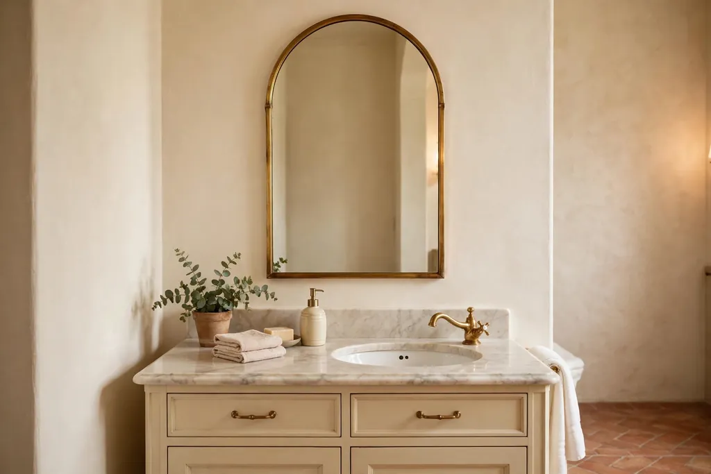 Arched mirror with a brass frame above an Italian bathroom vanity.