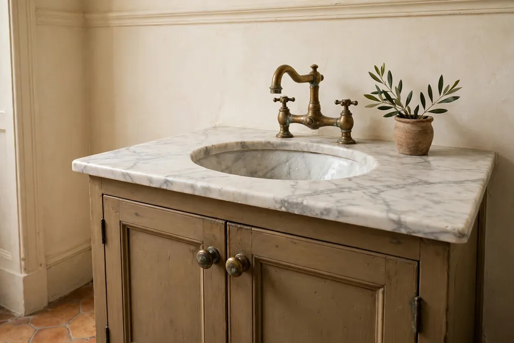 Aged brass faucet and cabinet knobs on an Italian bathroom vanity.