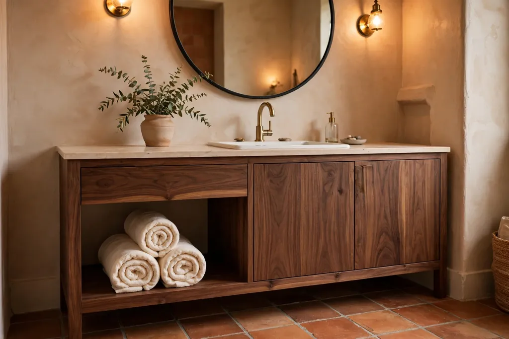 Walnut bathroom vanity with an open lower shelf holding rolled towels.