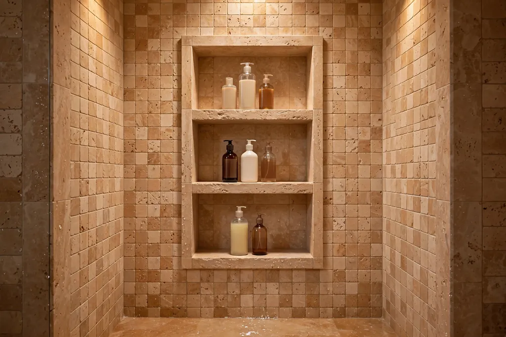 Recessed shower niches with stone shelves in a tiled Italian shower.