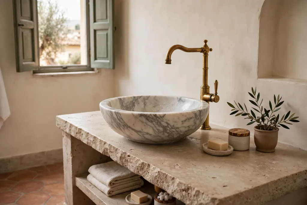 Marble vessel sink on a stone countertop with a tall brass faucet.