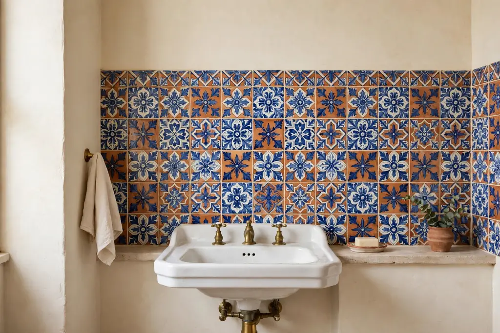 Patterned majolica tile backsplash behind an Italian bathroom sink.