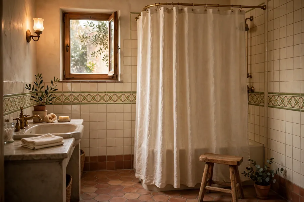 Natural linen shower curtain in cream in an Italian bathroom.