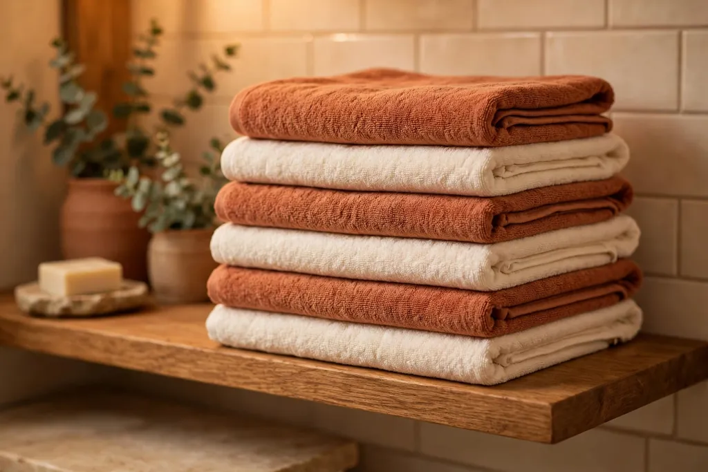 Terracotta and cream towels folded in layers on a bathroom shelf.