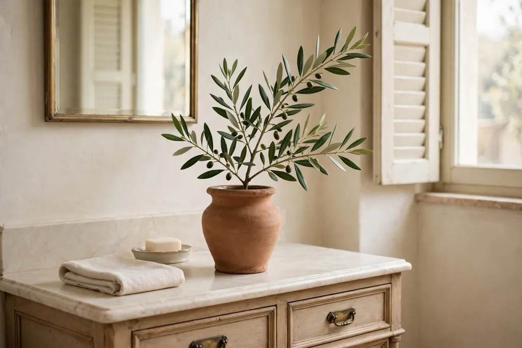 Olive branch in a terracotta vase on an Italian bathroom vanity.