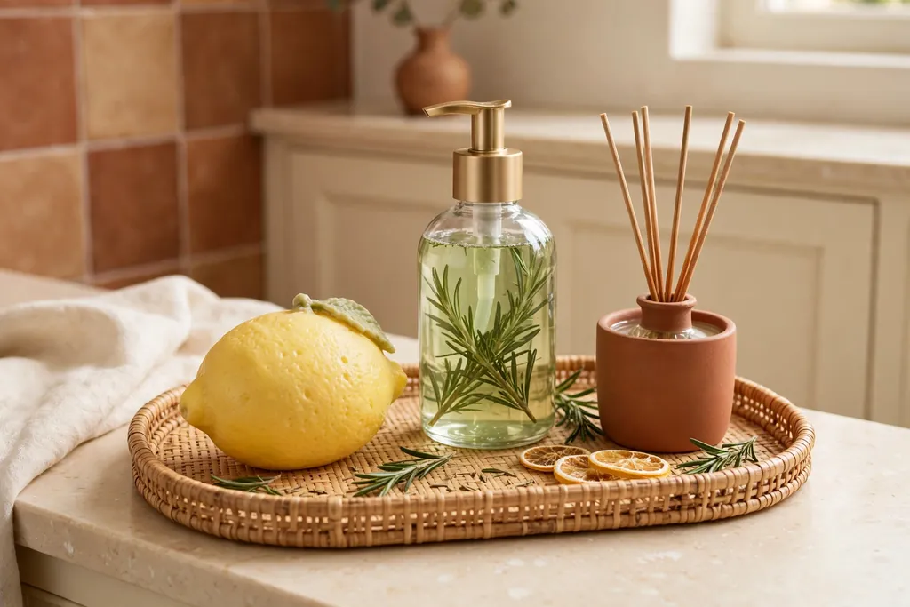 Lemon and rosemary scent station on a small tray on a bathroom vanity.