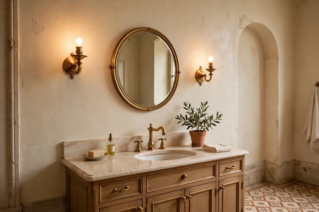 Warm wall sconces beside a mirror in an Italian bathroom.