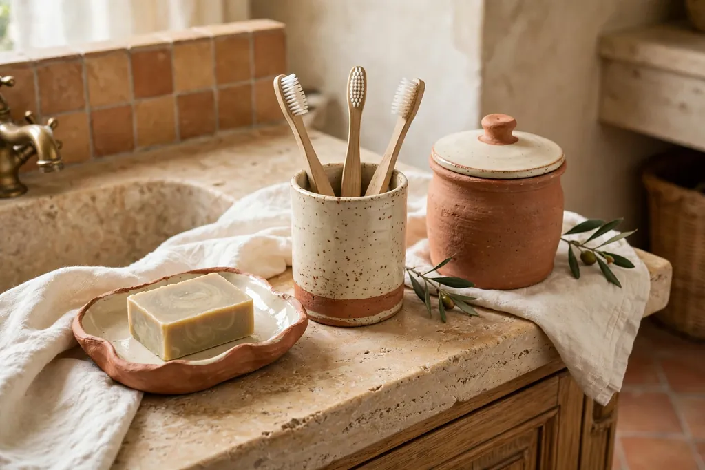 Handmade ceramic soap dish and toothbrush cup on an Italian bathroom vanity.