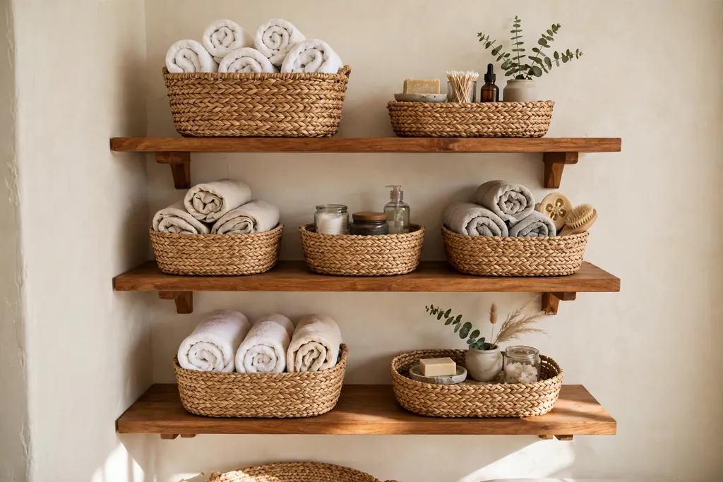Woven seagrass baskets holding towels and toiletries in a bathroom.