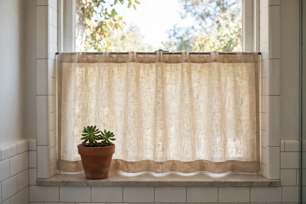 Linen cafe curtain on a bathroom window with daylight above it.