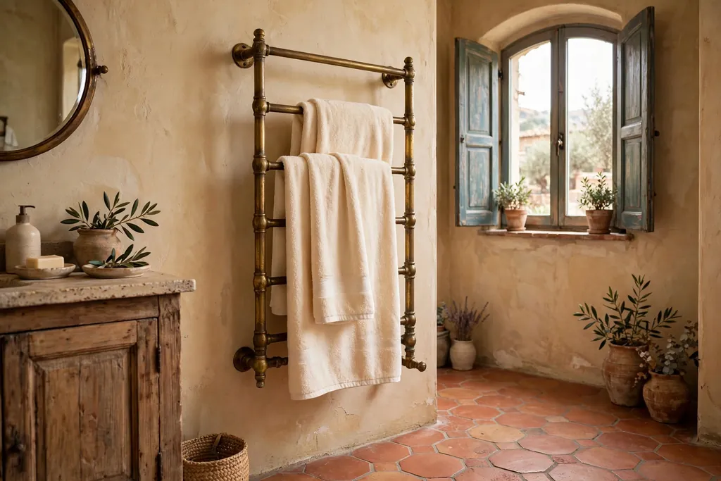 Heated towel warmer in aged brass holding towels in a bathroom.
