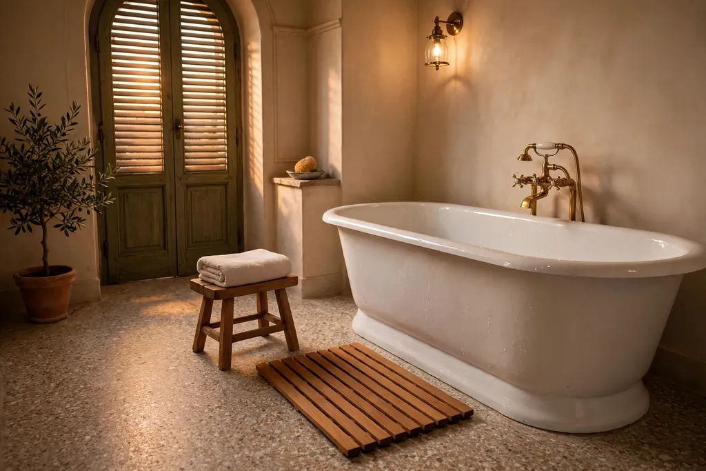 Teak bath mat beside a bathtub with a small wooden stool.