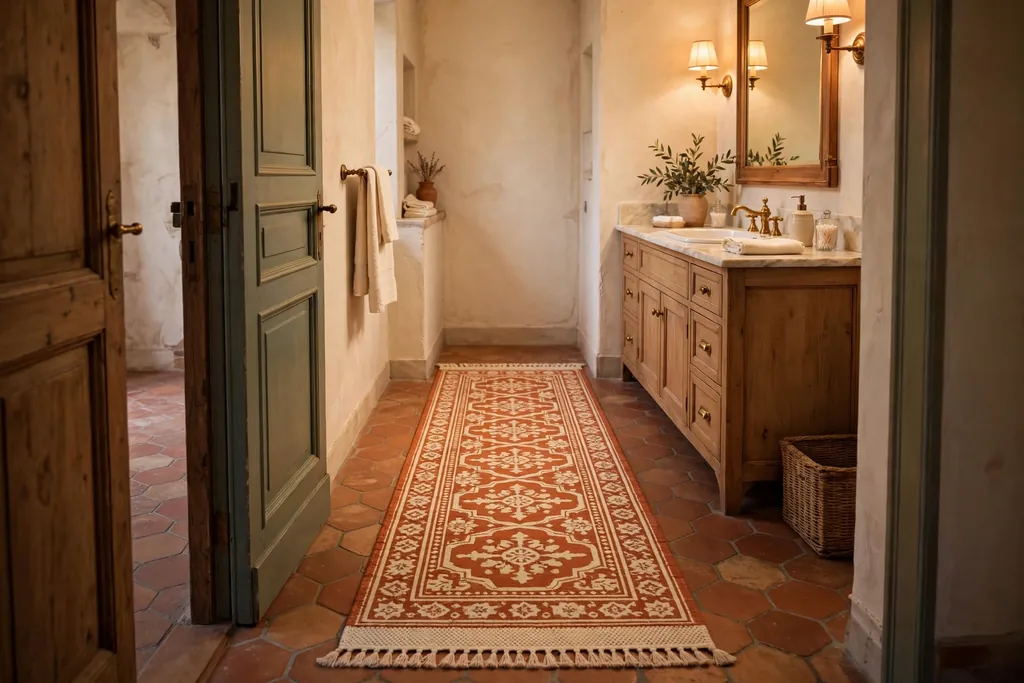 Patterned terracotta and cream rug runner in an Italian bathroom.