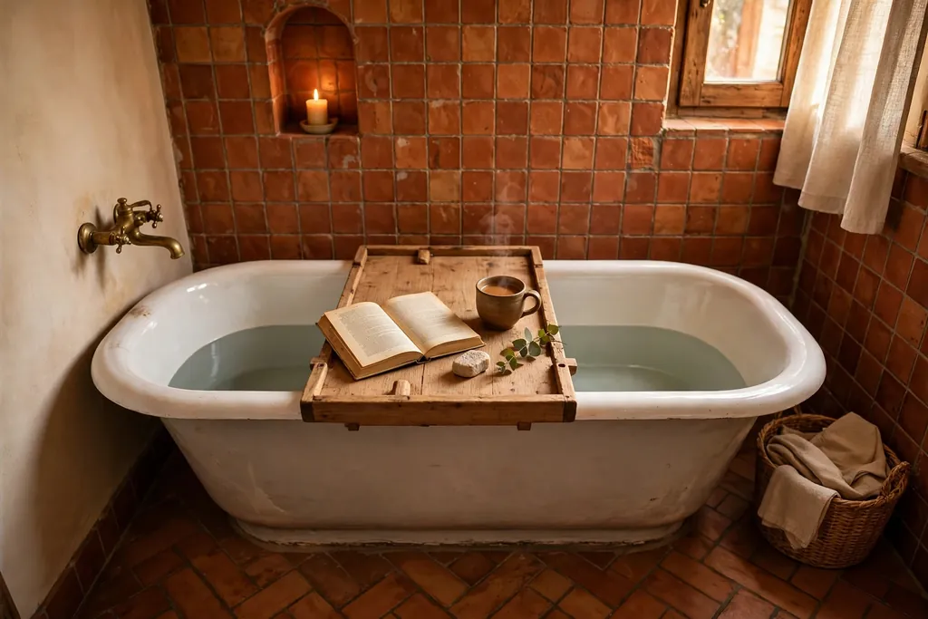 Wooden bath tray across a bathtub holding a book and a cup.