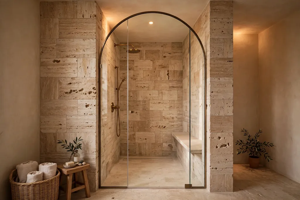 Arched shower screen in clear glass in an Italian walk-in shower.