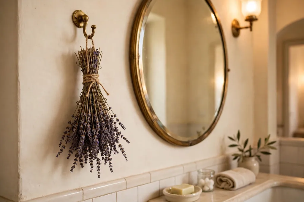 Dried lavender bundle hanging from a brass hook in an Italian bathroom.