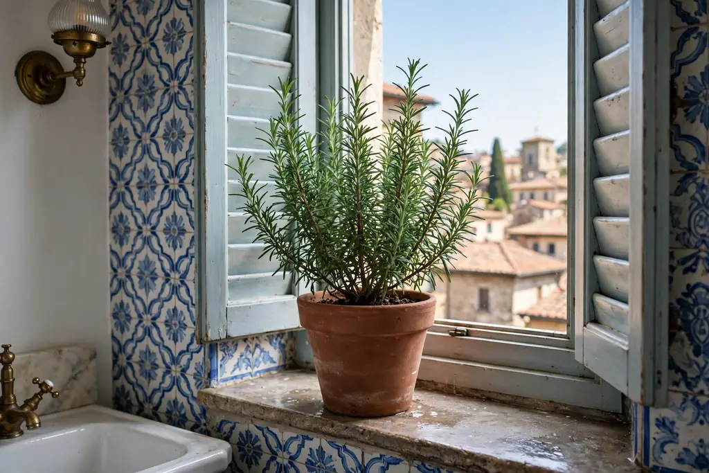 Rosemary in a terracotta pot on a bathroom windowsill.