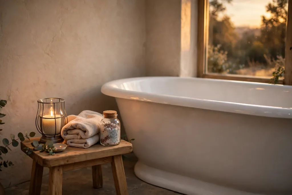 Small stool beside a bathtub with a candle, towel, and bath salts.