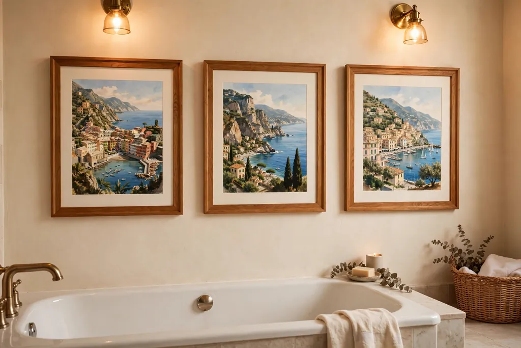 Framed Italian coast prints in wood frames on a bathroom wall.