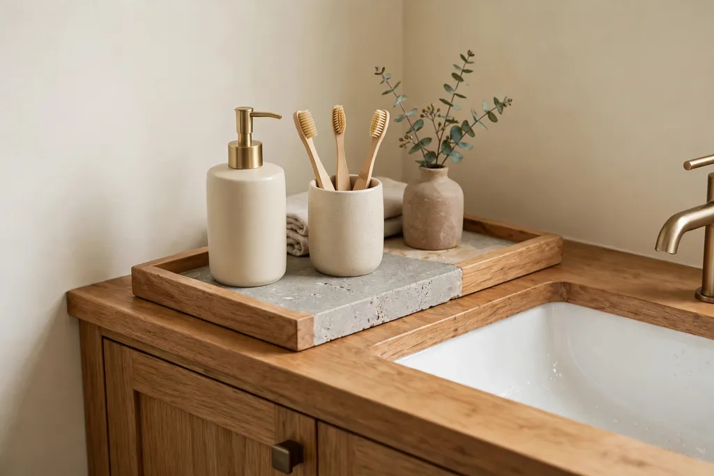 Stone and wood tray on a bathroom vanity holding soap and a small vase.
