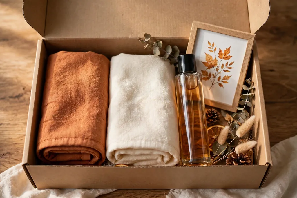 Seasonal swap box with autumn towels, scent refill, and a framed print.