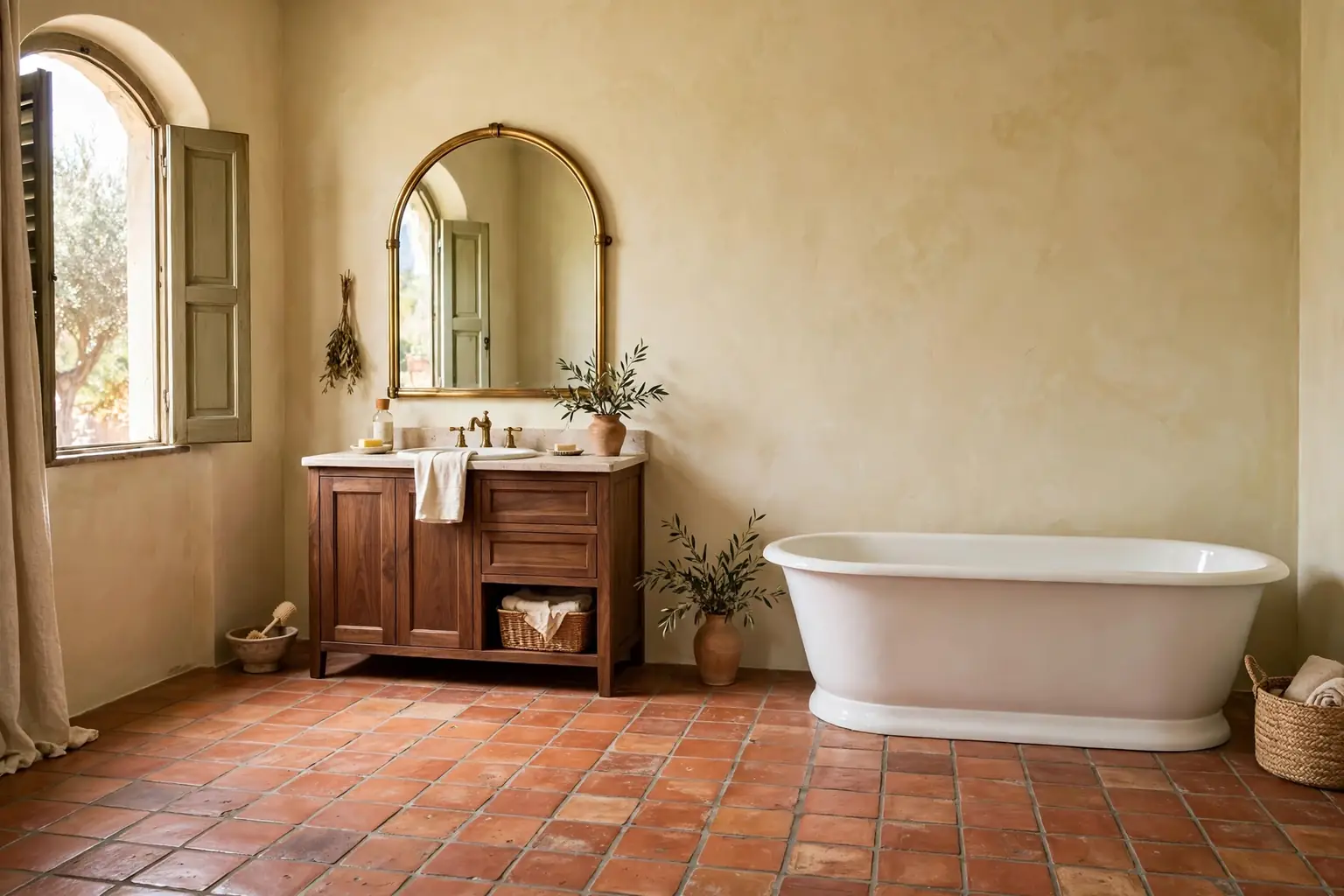 Warm Italian bathroom with terracotta floor tiles, a freestanding oval tub, and an arched brass mirror.