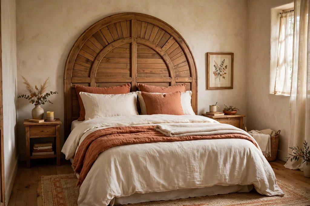 Arched wooden headboard behind a bed with cream and terracotta bedding.
