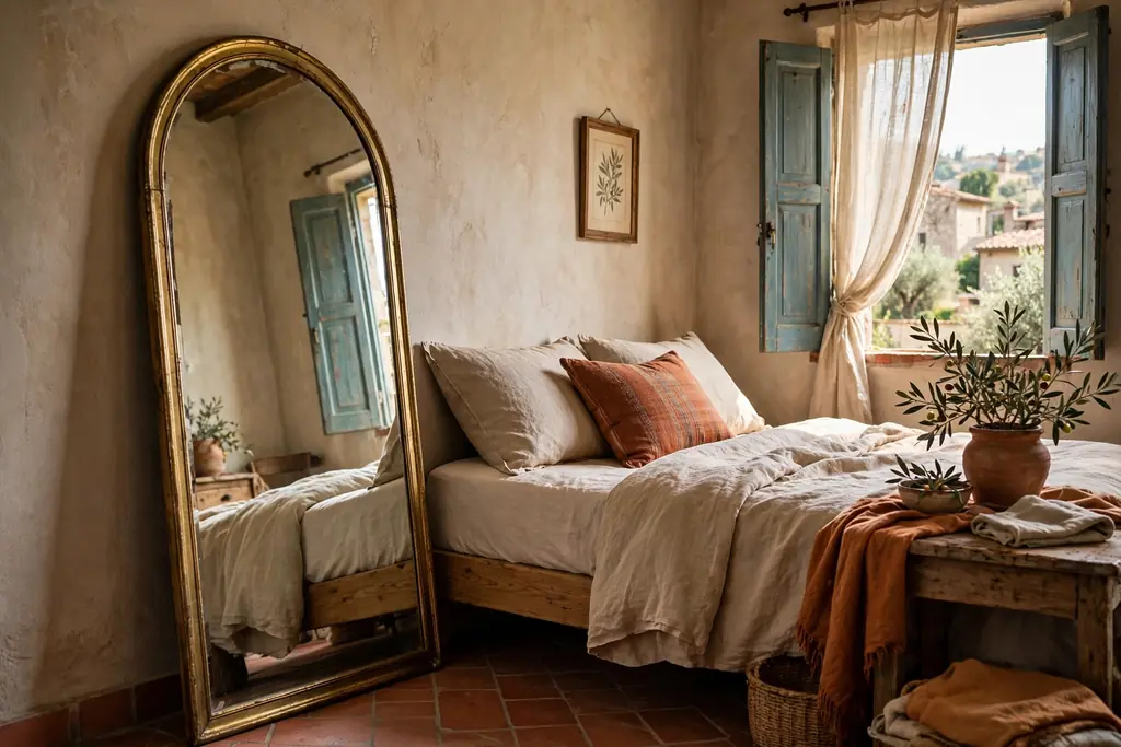 Arched mirror leaning against a bedroom wall beside a bed.
