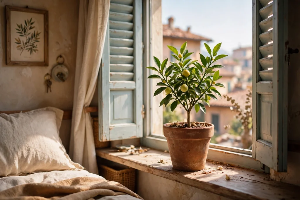 Small potted citrus plant in a terracotta pot on a sunny bedroom windowsill.