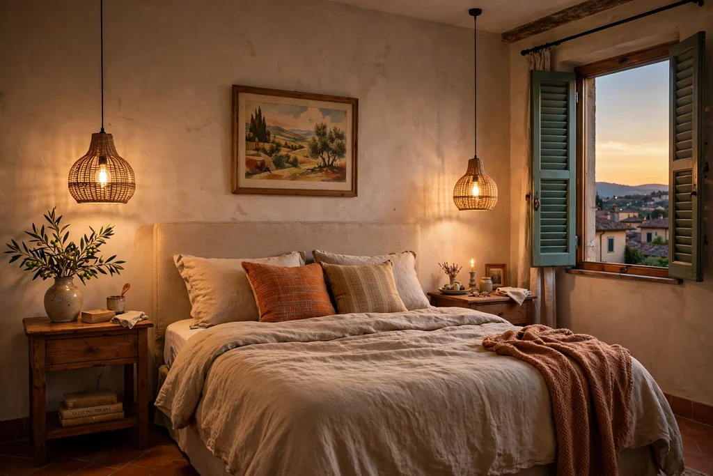 Hanging pendant lights over nightstands on both sides of a bed.
