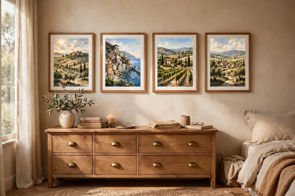 Matching framed Italian landscape prints hung in a row above a dresser.