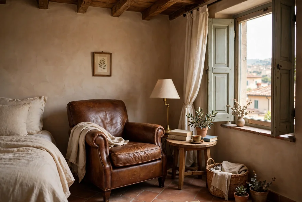 Small bedroom reading corner with a leather chair, side table, and lamp by a window.