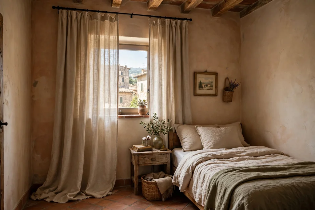 Floor length natural linen curtains hung high and wide at a small bedroom window.