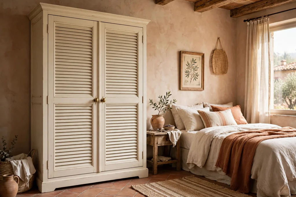 Wardrobe with louvered shutter style doors in cream in a bedroom.